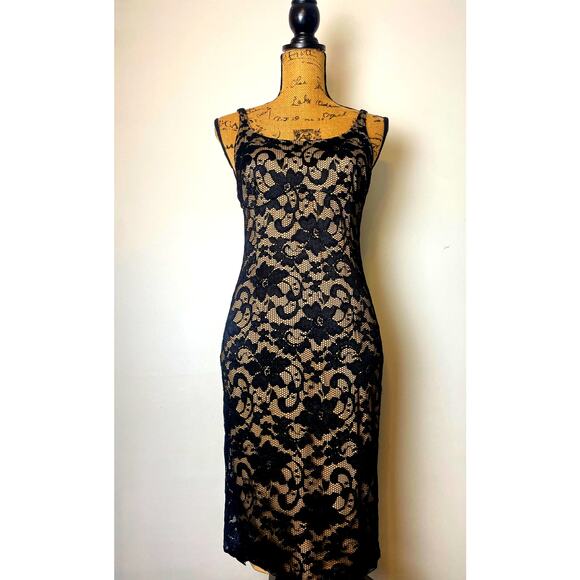 Allen Schwartz Y2K Women's Sleeveless Dress Size 6 Sheer Black Lace Cocktail VTG - Picture 1 of 15